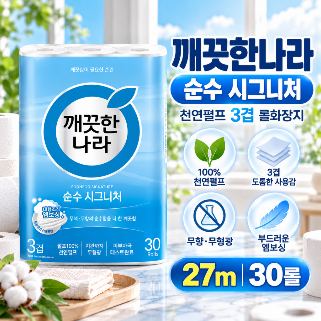 깨끗한나라 순수 시그니처 천연펄프 3겹 롤화장지 27m 30롤 무향 무형광 화장지 제품 이미지
