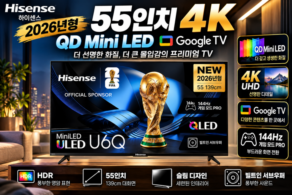 하이센스 2026년형 55인치 4K QD Mini LED Google TV 55U6Q 144Hz 게임 모드 PRO 제품 이미지
