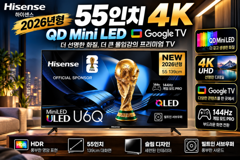 하이센스 2026년형 55인치 4K QD Mini LED Google TV 55U6Q 144Hz 게임 모드 PRO